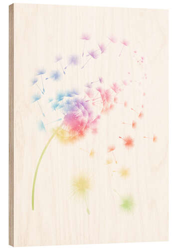 Wood print Rainbow dandelions