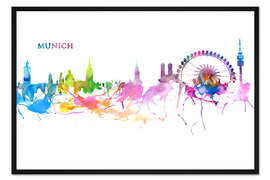 Gerahmter Kunstdruck Skyline MÜNCHEN Bunte Silhouette