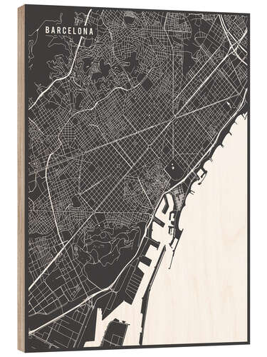 Hout print Barcelona, Spain Map I