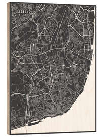 Wood print Map of Lisbon, Portugal