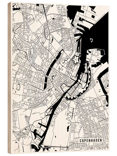 Wood print Copenhagen Denmark Map