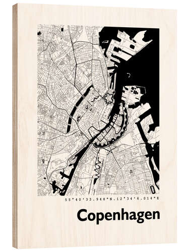 Hout print City map of Copenhagen IV