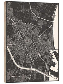 Cuadro de madera  Mapa de Valencia en blanco y negro - Main Street Maps