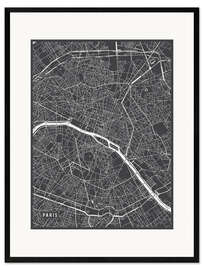 Impresión de arte enmarcada Mapa de París en blanco y negro