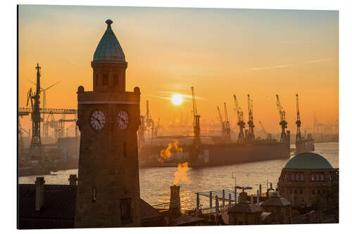 Tableau en aluminium Landungsbrücken de Hambourg au coucher du soleil