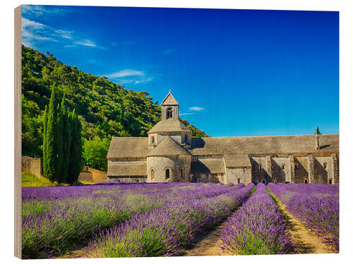 Wood print Monastery with lavender field