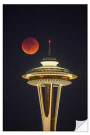 Sticker mural Lune rouge au-dessus de la Space Needle à Seattle