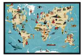 Gerahmter Kunstdruck Weltkarte mit Tieren