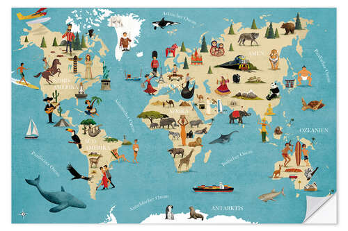 Sisustustarra World map with animals (German)