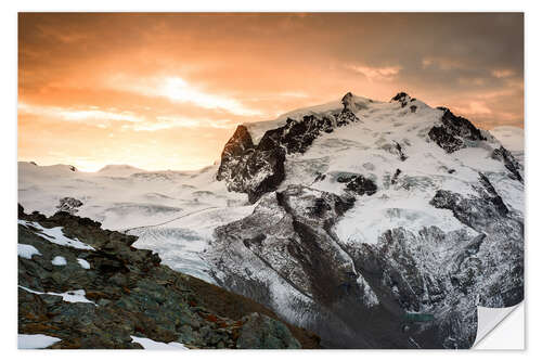 Selvklebende plakat Monte Rosa mountain peak during a dramatic sunrise  View from Gornergrat, Zermatt, Valais, Switzerla