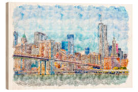 Wood print New York skyline with Brooklyn Bridge