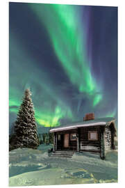 Hartschaumbild Northern Lights frame a wooden hut