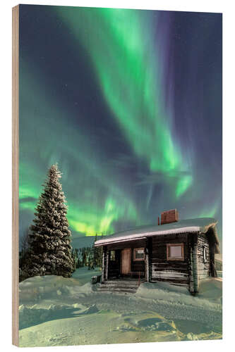 Holzbild Northern Lights frame a wooden hut