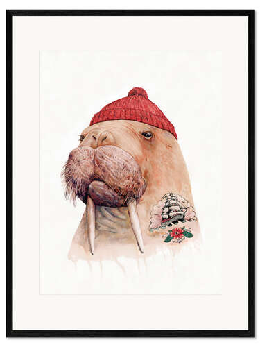 Impression artistique encadrée Morse tatoué avec un bonnet rouge