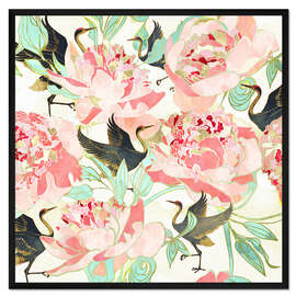 Gerahmter Kunstdruck Blumen und Kraniche