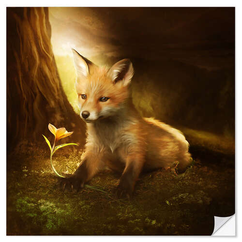 Selvklebende plakat Little fox and the flower