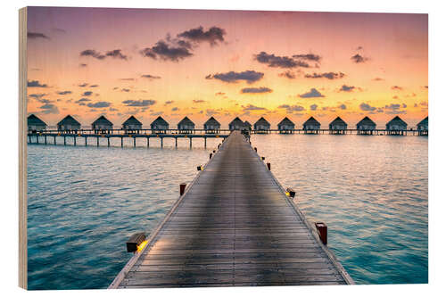 Wood print Romantic sunset in the Maldives