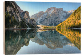 Wood print Morning at Braies Lake in South Tyrol