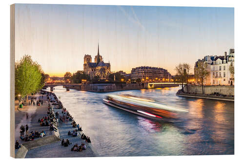 Wood print Notre Dame Cathedral on the Île de la Cité in the evening