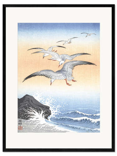 Impressão artística com moldura Five seagulls over stormy sea