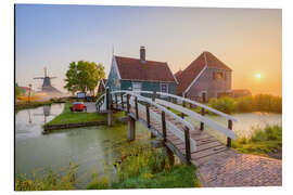 Tableau en aluminium Lever de soleil à Zaanse Schans en Hollande