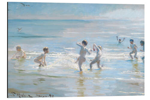 Aluminium print Boys bathing on a summer evening at Skagen Beach