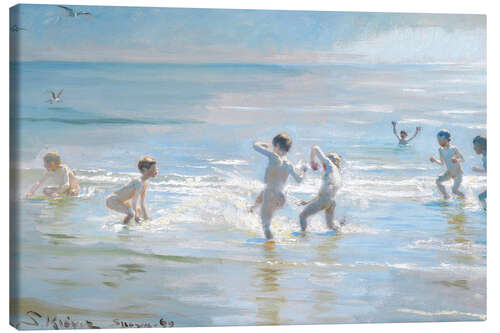 Canvas print Boys bathing on a summer evening at Skagen Beach