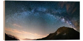 Wood print Milky Way arch and starry sky on the Alps. panoramic view