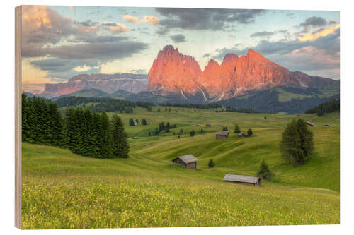 Holzbild Alpenglühen in den Dolomiten