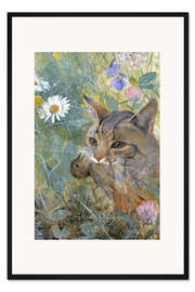 Gerahmter Kunstdruck Eine Katze mit einem jungen Vogel im Mund