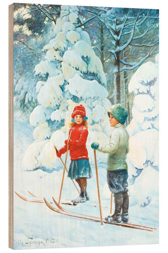 Tableau en bois Enfants avec des skis