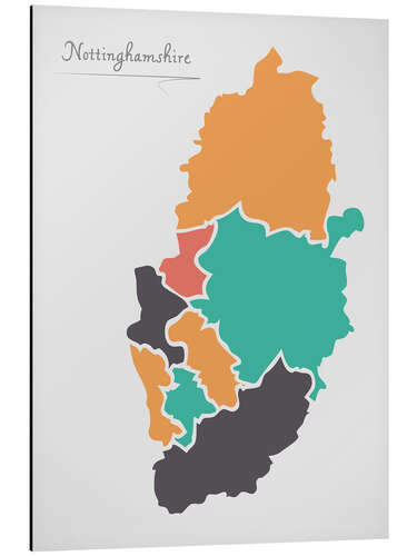 Alubild Nottinghamshire Bezirk Landkarte modern abstrakt mit runden Formen