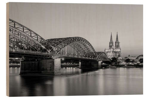 Wood print Hohenzollern Bridge and Cologne Cathedral black-and-white