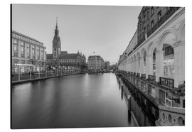 Alumiinitaulu  Hamburg Alsterarkaden and city hall black-and-white - Michael Valjak