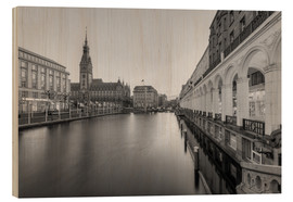 Hout print  Hamburg Alsterarkaden and city hall black-and-white - Michael Valjak