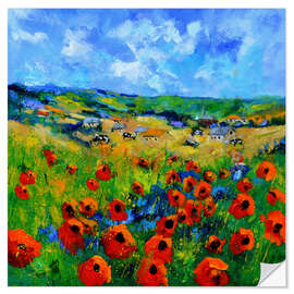 Muursticker View over a field of poppies