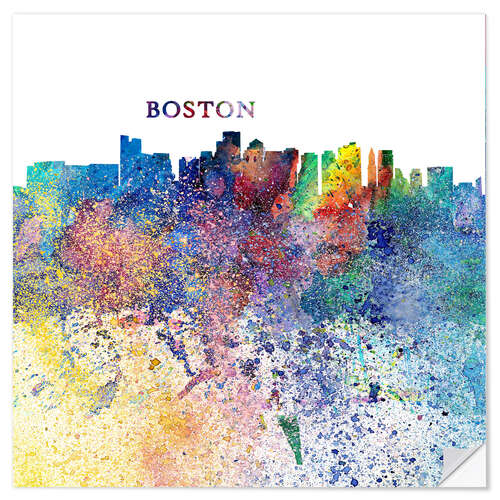 Muursticker Boston Massachusetts Skyline Silhouette Impressionistic Splash