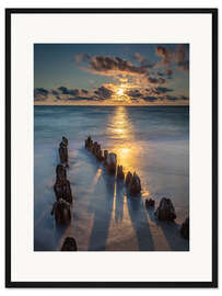 Gerahmter Kunstdruck Buhne auf Sylt mit Sonnenuntergang