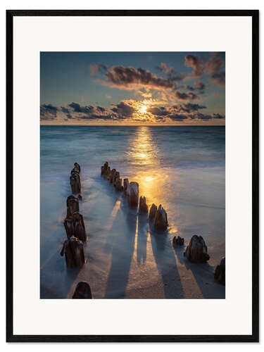 Framed art print Groyne on Sylt with sunset