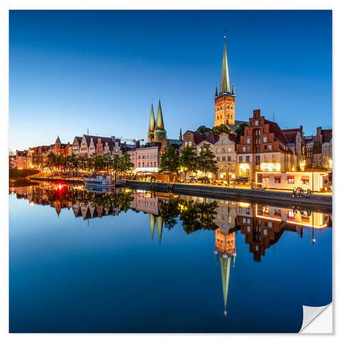 Selvklæbende plakat Historic old town of Lübeck in the evening