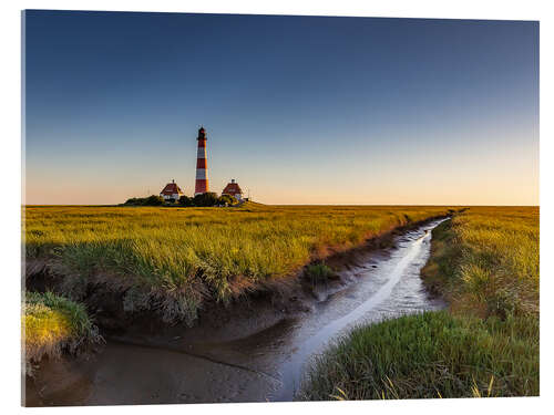 Acrylglasbild Leuchtturm Westerhever im Abendlicht