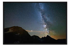 Gerahmter Kunstdruck Nachthimmel, Milchstraße Sterne über den Alpen, Mars und Jupiter Planeten, schneebedeckten Berg