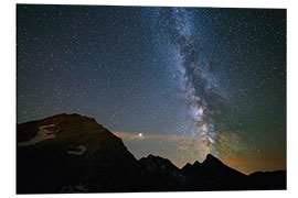 Quadro em PVC Night sky, Milky way galaxy stars over the Alps, Mars and Jupiter planet, snowcapped mountain