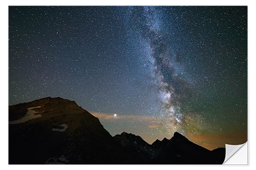 Vinilo para la pared Night sky, Milky way galaxy stars over the Alps, Mars and Jupiter planet, snowcapped mountain