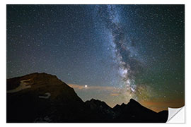 Vinilo para la pared Night sky, Milky way galaxy stars over the Alps, Mars and Jupiter planet, snowcapped mountain