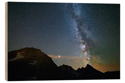 Wood print Night sky, Milky way galaxy stars over the Alps, Mars and Jupiter planet, snowcapped mountain