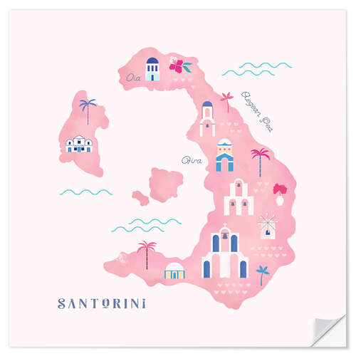 Selvklæbende plakat Santorini Map