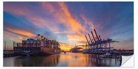 Selvklebende plakat Sunset at the container terminal Hamburg Waltershof