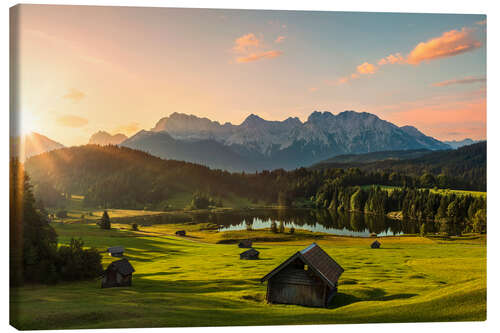 Canvas print Sunrise in the Karwendel Mountain at Geroldsee