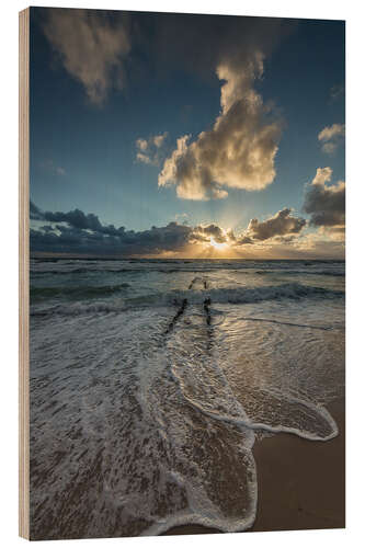 Wood print Sunset with groyne on Sylt